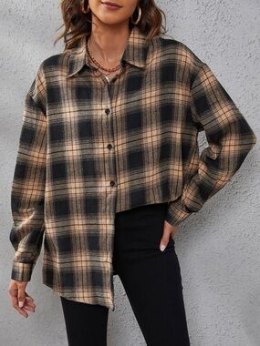 SHEIN Black and Tan Plaid Button-Down Shirt